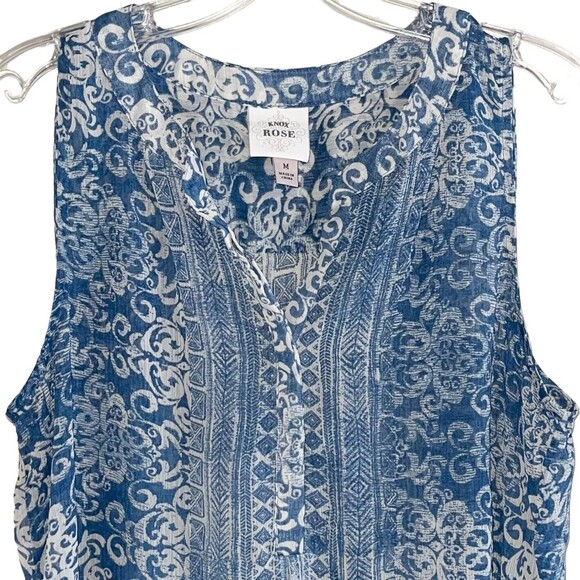 Knox Rose Boho Sheer Tunic Top Size M Popover Long Line High Low Hem Blue Cream - Picture 2 of 13